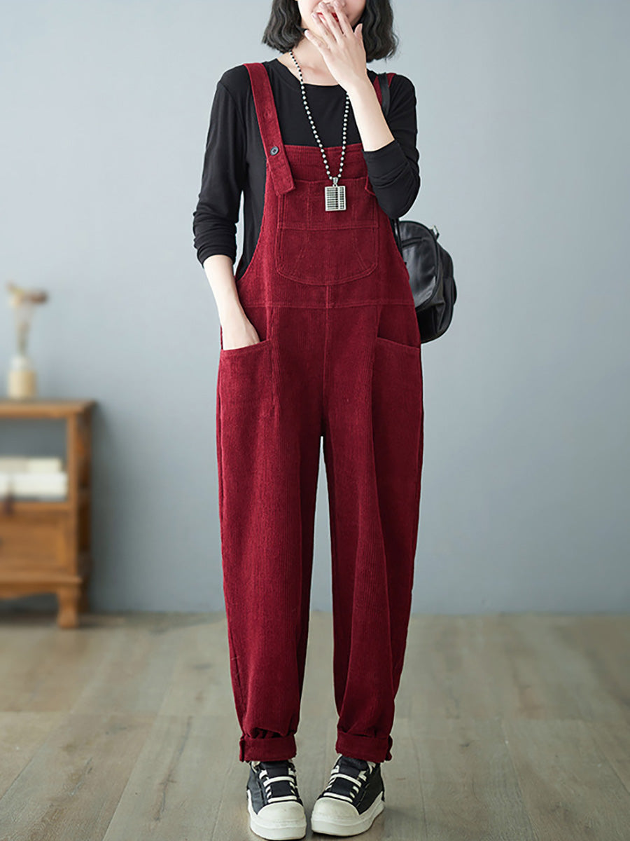 Women Casual Autumn Solid Corduroy Loose Jumpsuits