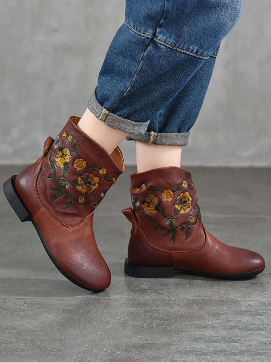 Women Vintage Flower Embroidery Leather Low Heel Boots