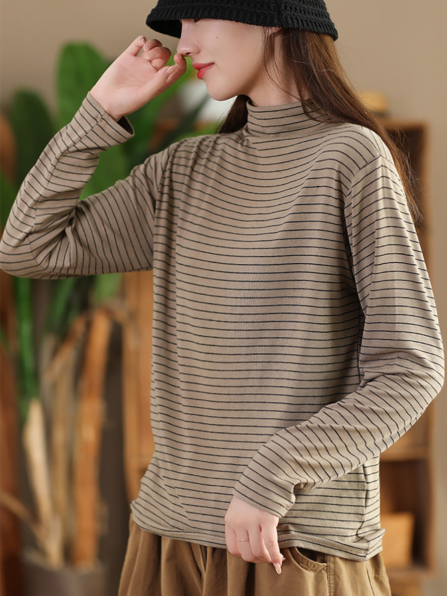 Women Autumn Casual Stripe Half Turtleneck Blouse