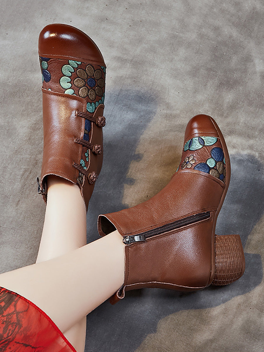 Women Ethnic Flower Leather Spliced Low Heel Boots