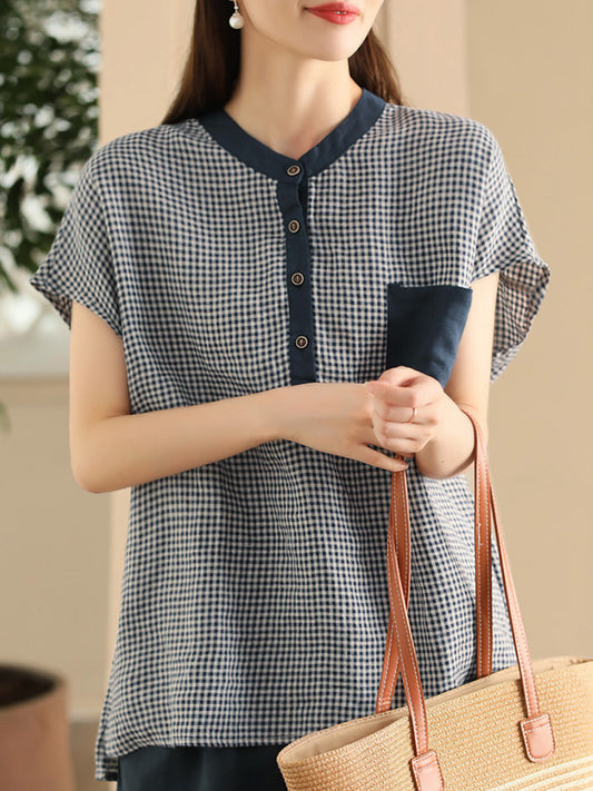 Women Summer Vintage Plaid Colorblock Linen Shirt