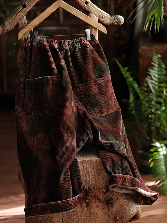 Women Vintage Spring Flower Croduroy Wide-leg Pants