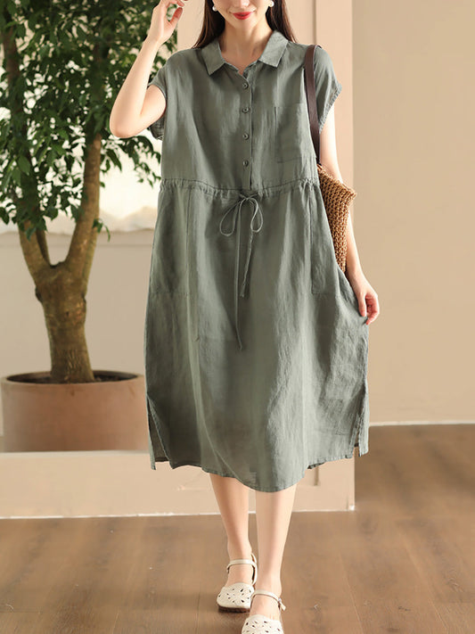 Women Summer Casual Solid Botton 100%Linen Loose Dress