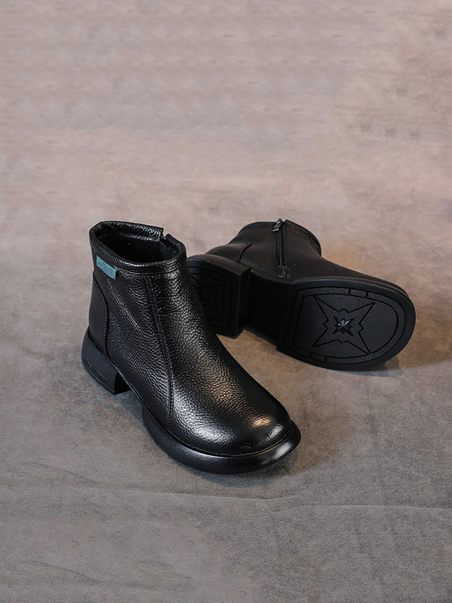 Women Vintage Commute Leather Zipper Mid-Heel Boots