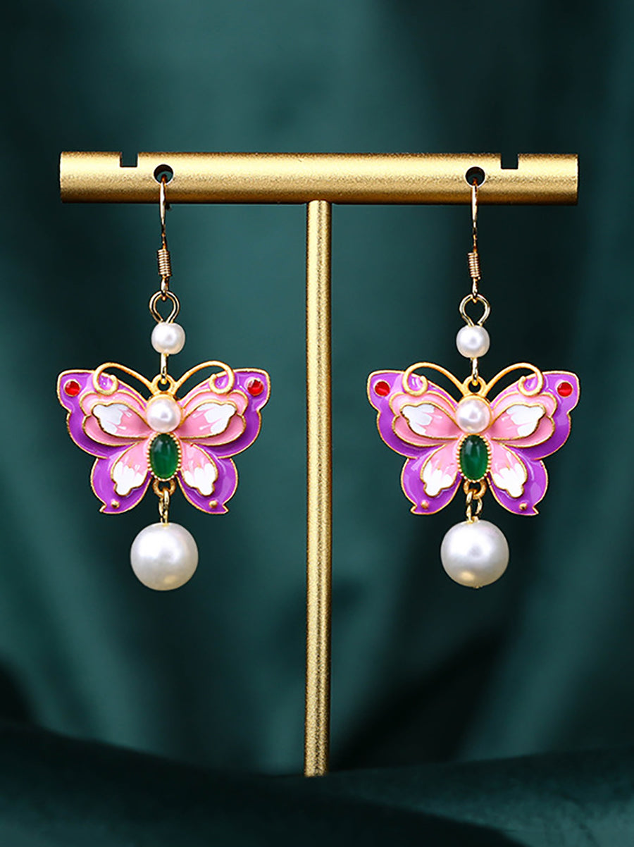 Women Vintage Enamel Butterfly Pearl Sliver Earrings