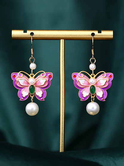 Women Vintage Enamel Butterfly Pearl Sliver Earrings