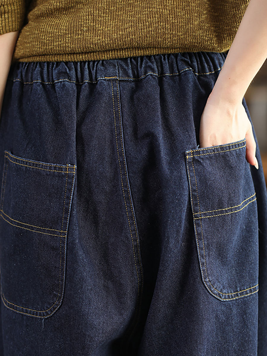 Women Autumn Retro Spliced Solid Loose Denim Bloomers