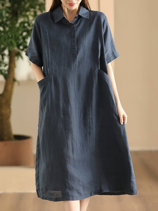 Women Summer Casual Solid Loose Polo Collar Linen Dress