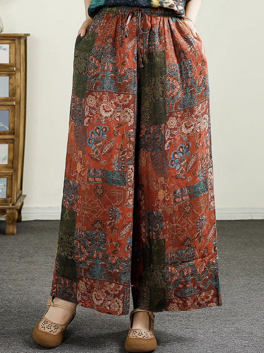 Women Summer Ethnic Flower Print Wide-leg Ramie Pants