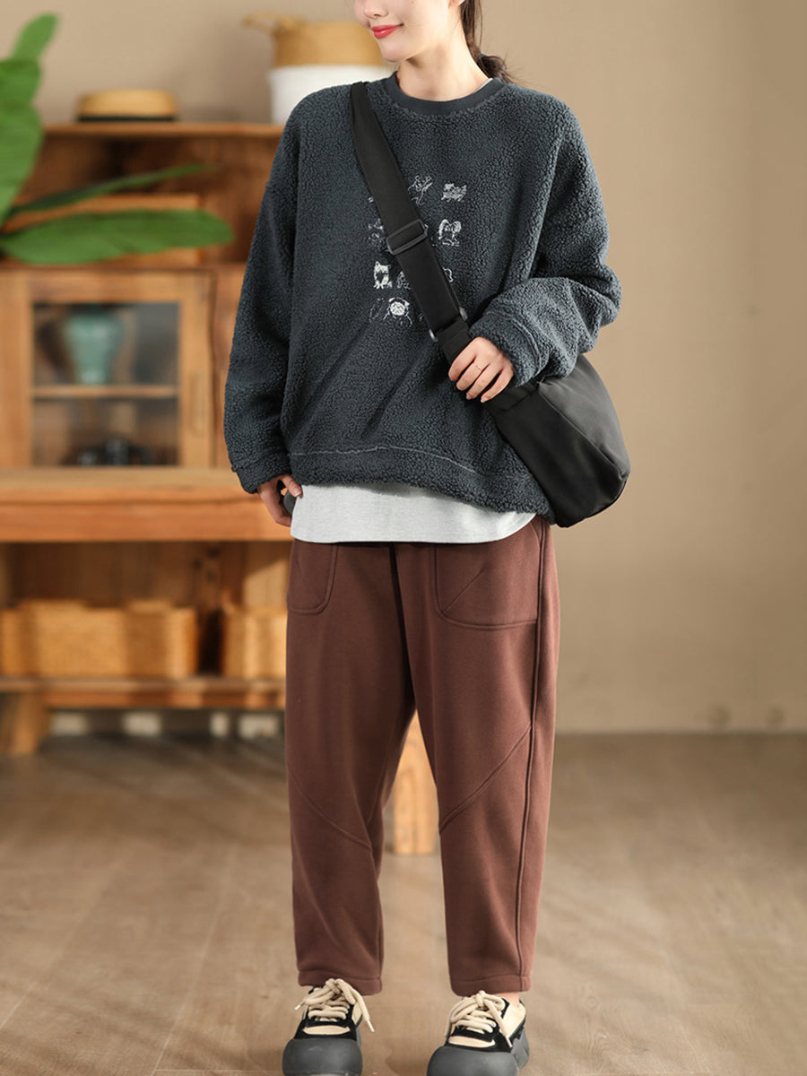 Women Autumn Vintage Cotton Fleece-lined Harem Pants