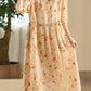 Women Summer Artsy Flower O-Neck Ramie Dress