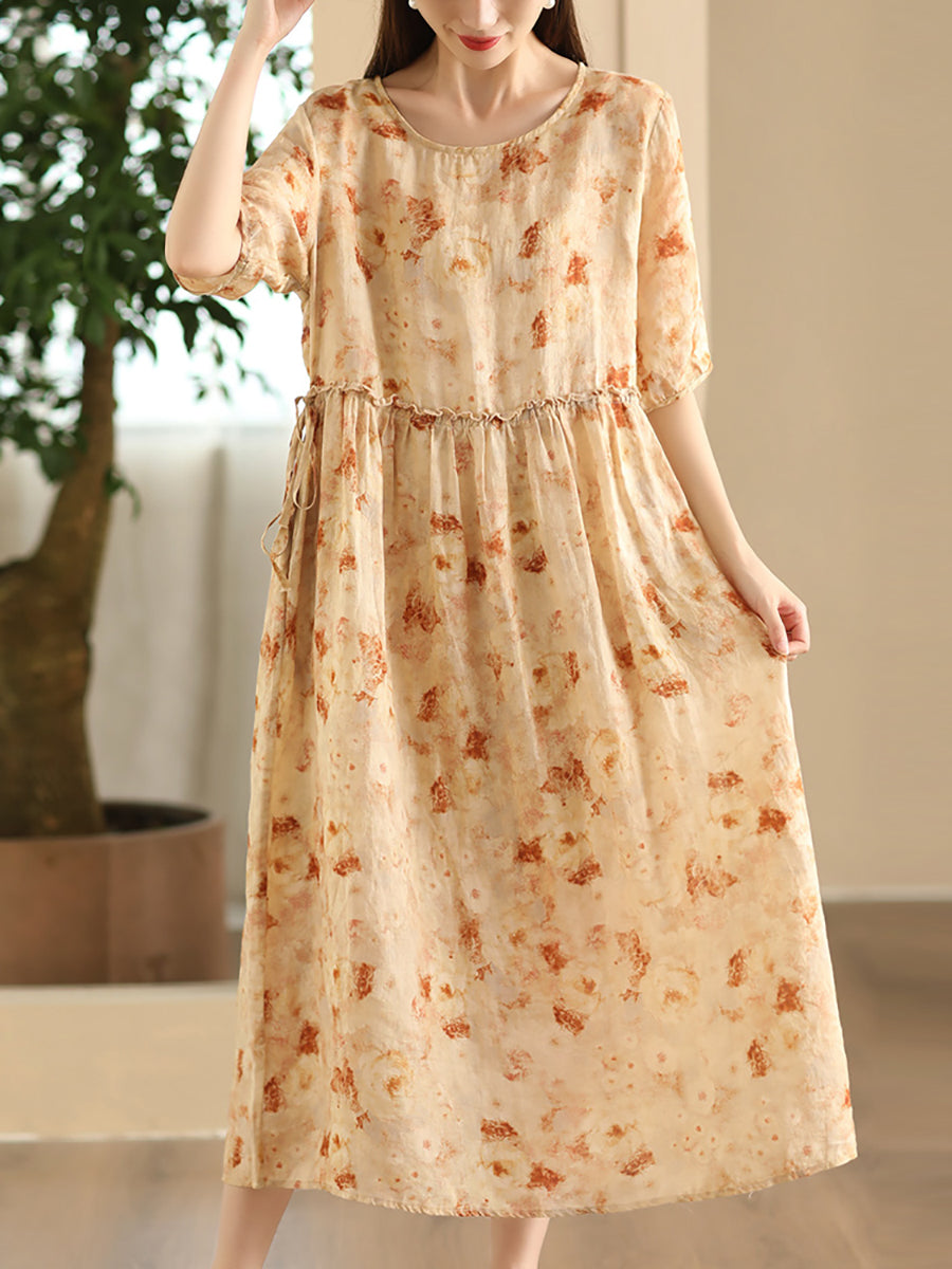 Women Summer Artsy Flower O-Neck Ramie Dress