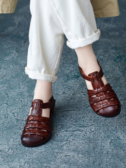 Women Summer Vintage Leather Spliced Falt Sandals