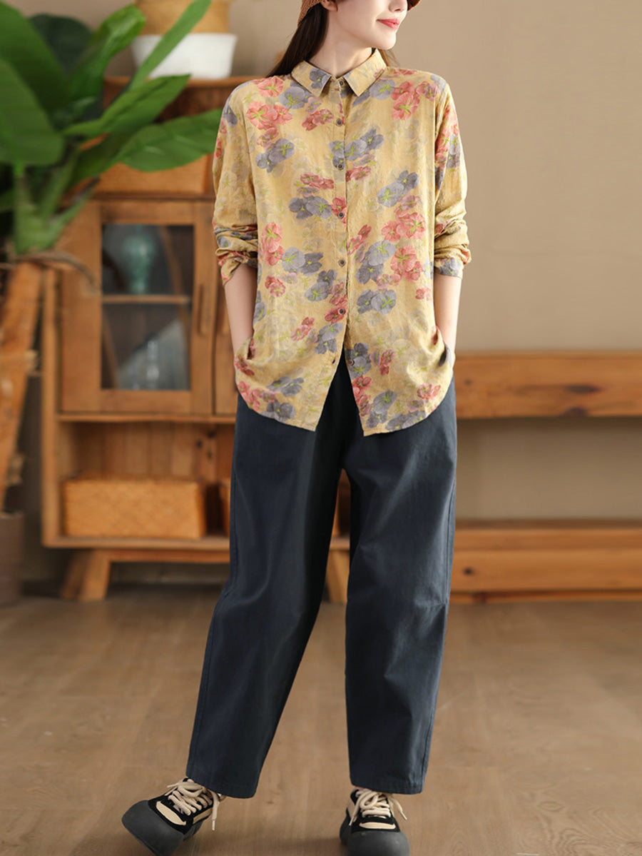 Women Autumn Vintage Flower Button-up Shirt