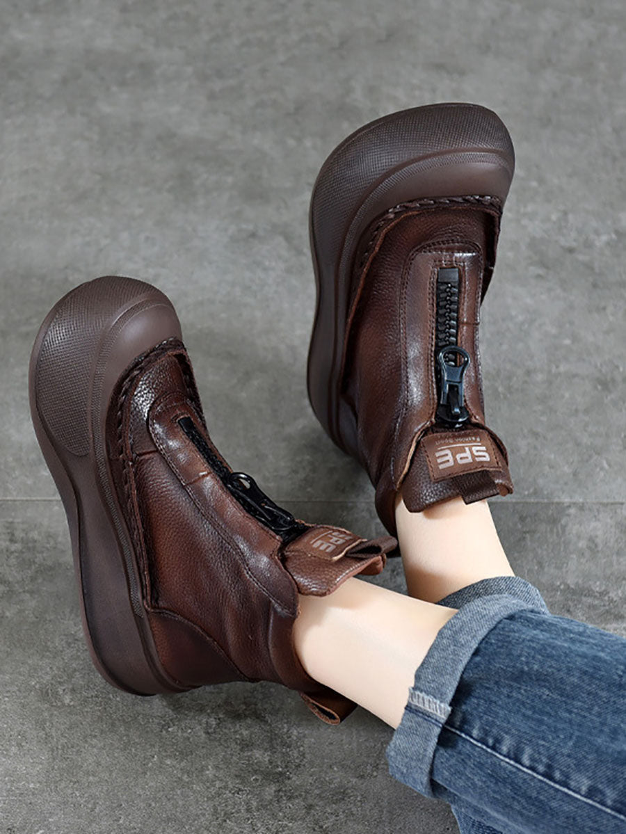 Women Vintage Vintage Leather Zipper Platform Boots