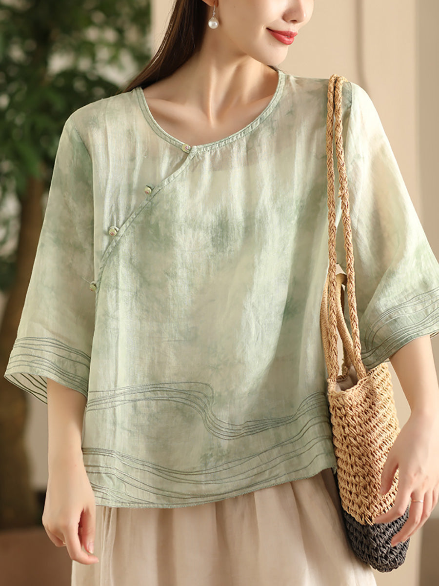 Women Ethnic Print Summer O-Neck Ramie Shirt