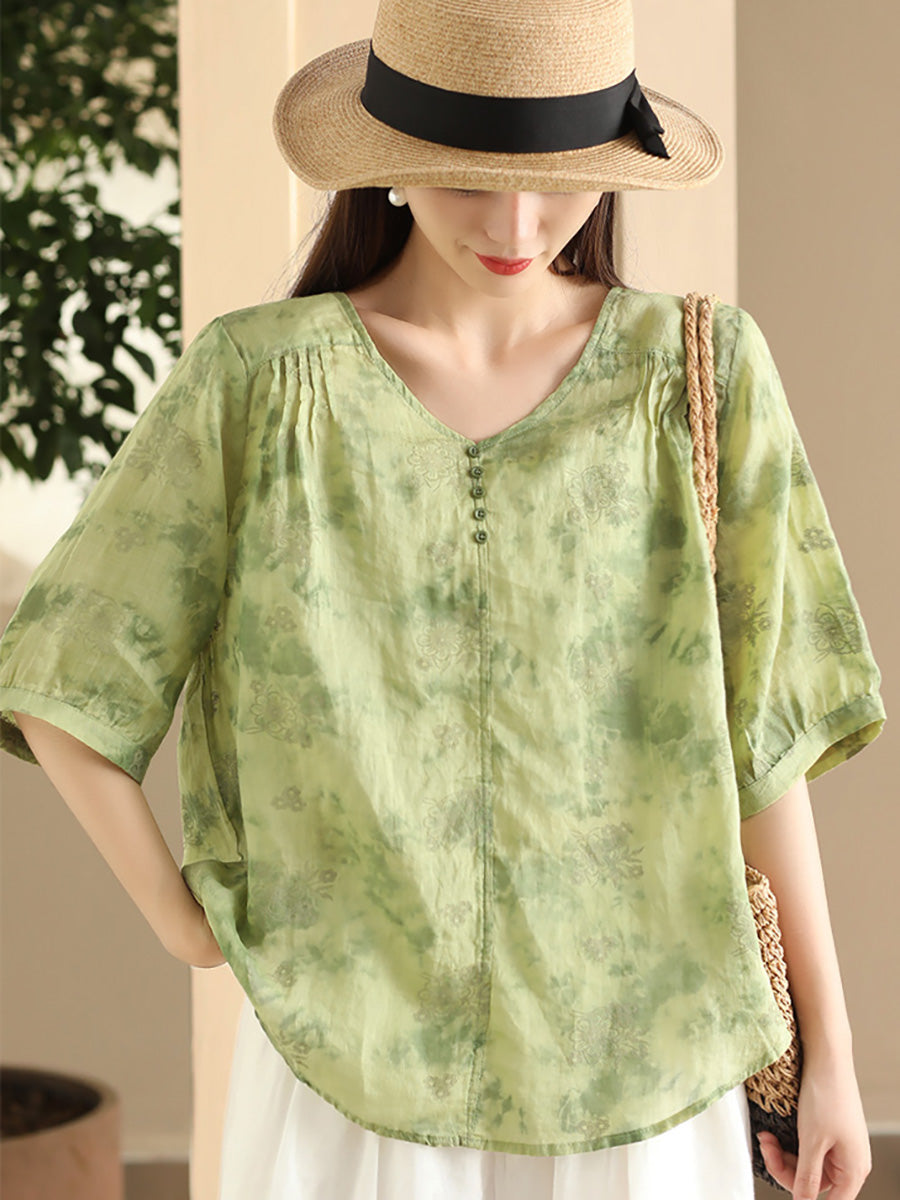 Women Summer Artsy Flower V-Neck Thin Ramie Shirt