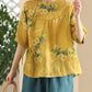 Women Summer Vintage Flower Strap O-Neck Ramie Shirt