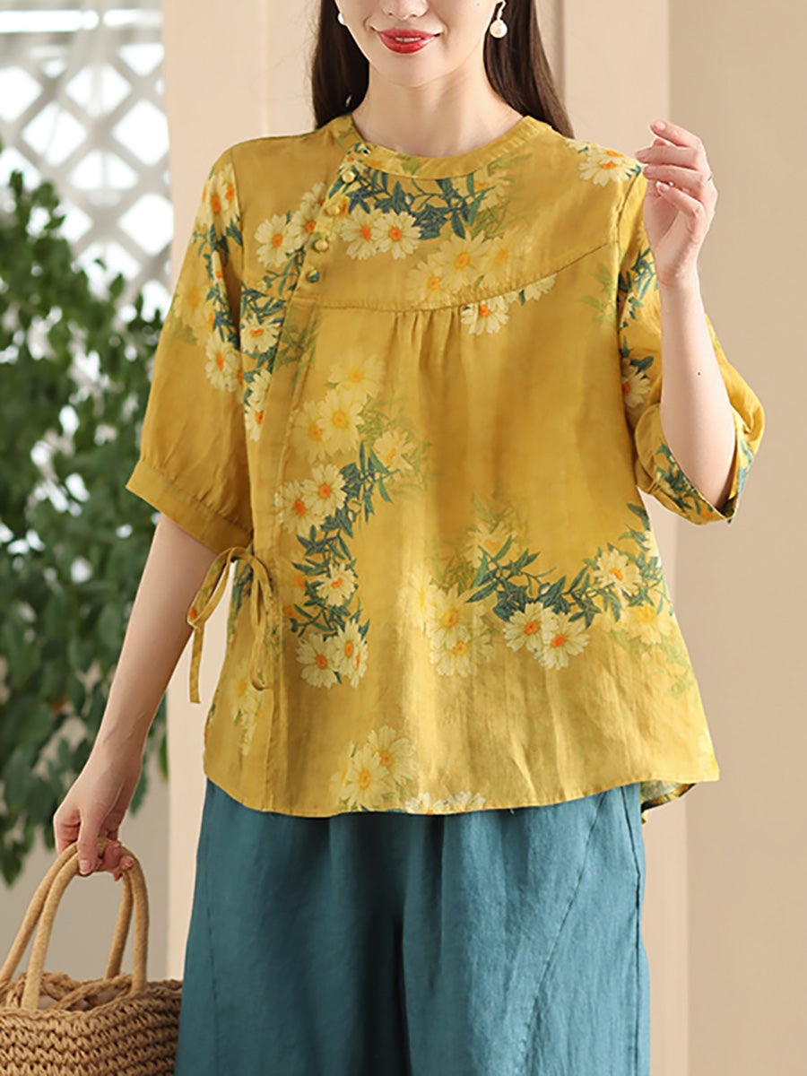 Women Summer Vintage Flower Strap O-Neck Ramie Shirt