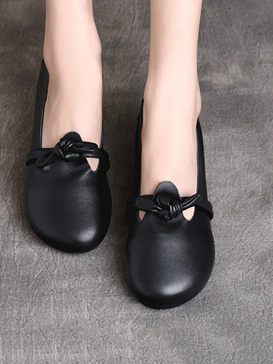 Women Summer Ethnic Solid Bowknot Leather Flat Shoes