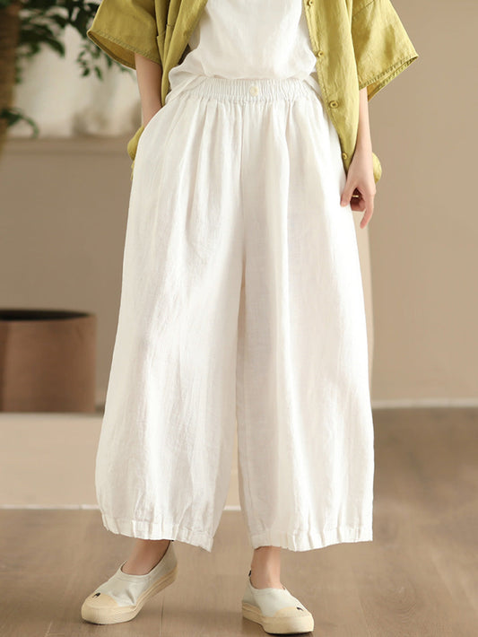 Women Summer Vintage Solid Linen Wide-leg Pants