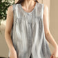 Women Casual Solid Spliced O-Neck Button-up Linen Vest