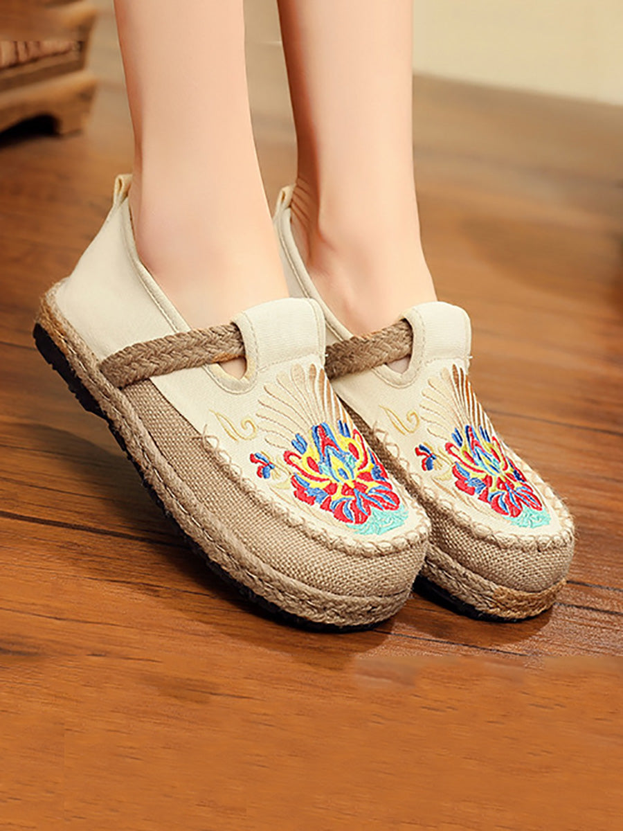 Women Summer Ethnic Embroidery Cloth Linen Flat Shoes