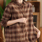 Women Autumn Vintage Plaid Button-up Cotton Blouse