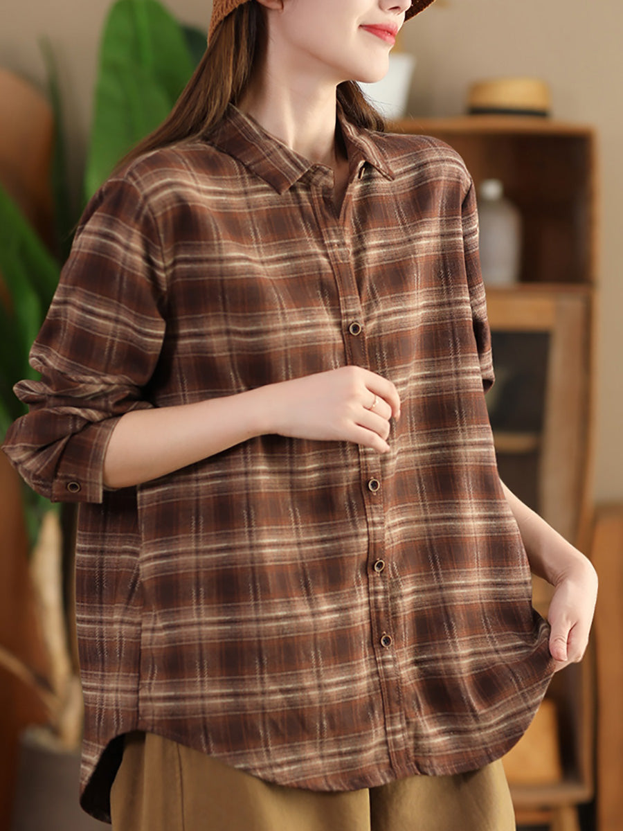 Women Autumn Vintage Plaid Button-up Cotton Blouse