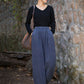 Women Vintage Autumn Solid Loose Ramie Cuffed Pants