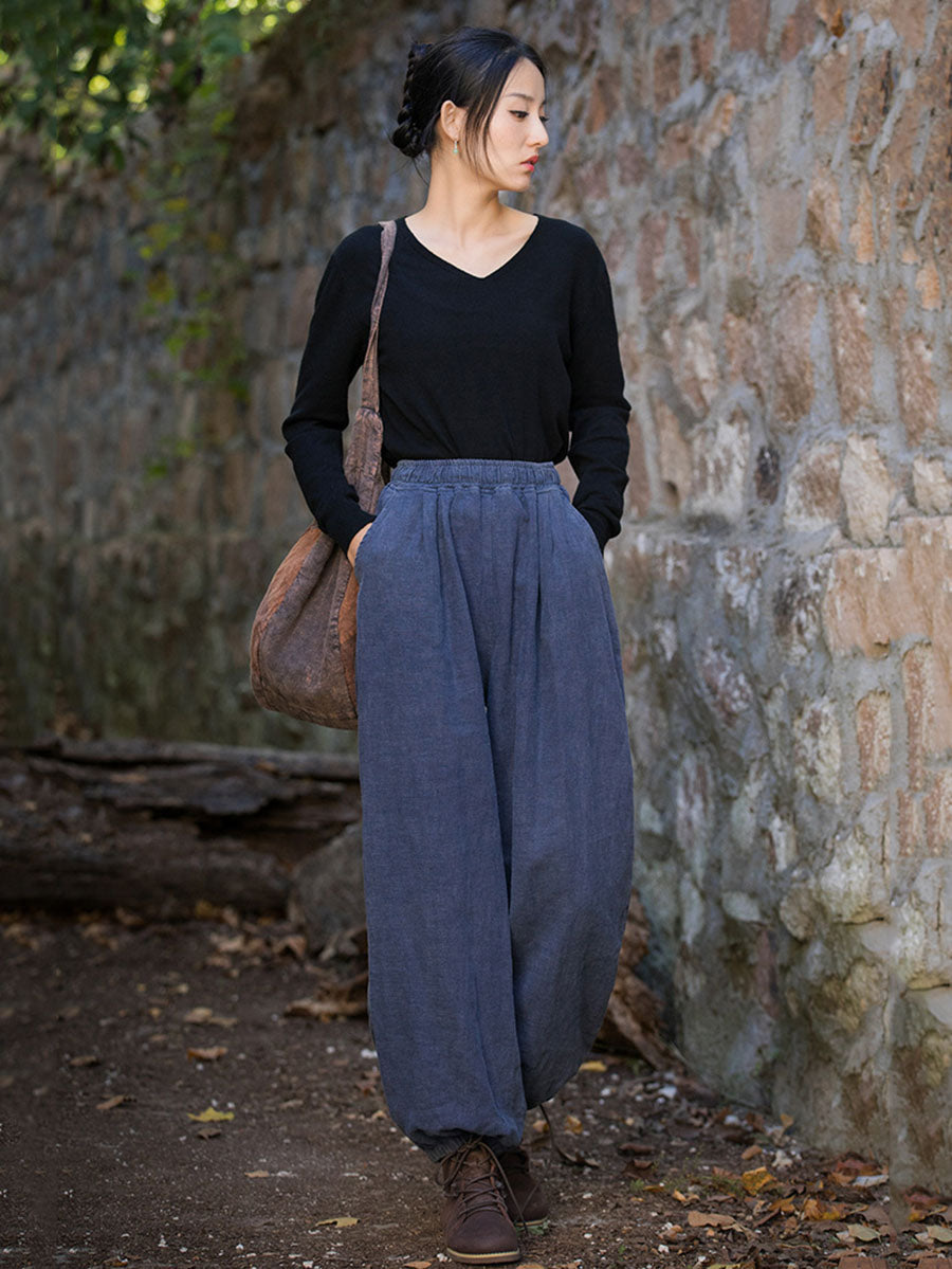 Women Vintage Autumn Solid Loose Ramie Cuffed Pants