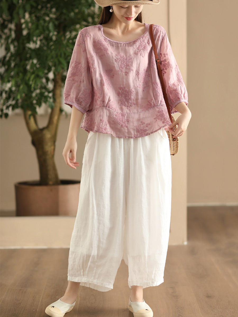 Women Artsy Floral Embroidery Spliced Ramie Shirt