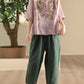 Women Summer Vintage Flower Embroidery Lace Ramie Shirt