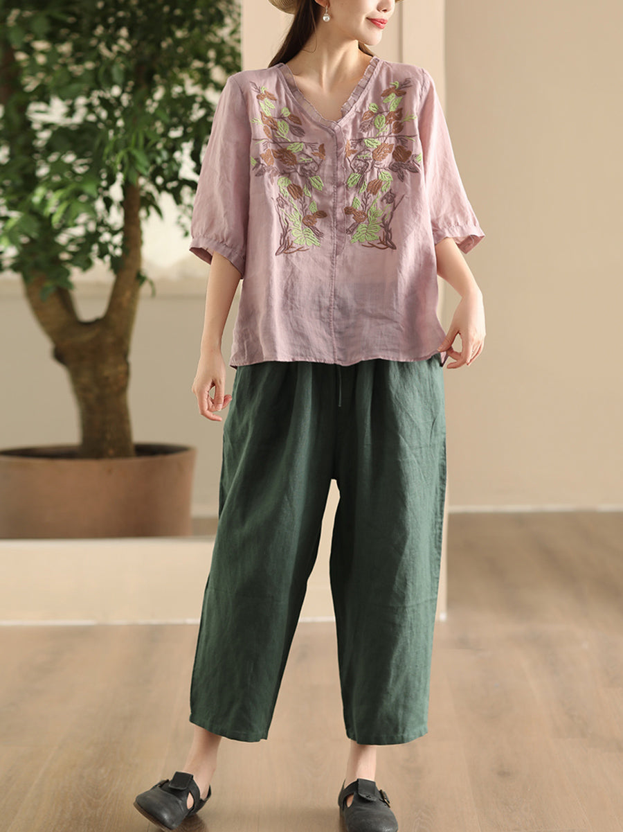 Women Summer Vintage Flower Embroidery Lace Ramie Shirt