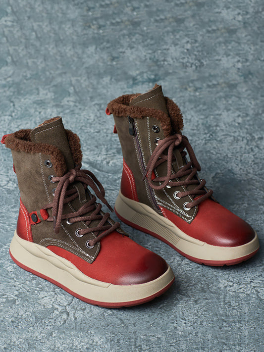 Women Vintage Winter Leather Colorblock Spliced Fleece-lined Boots