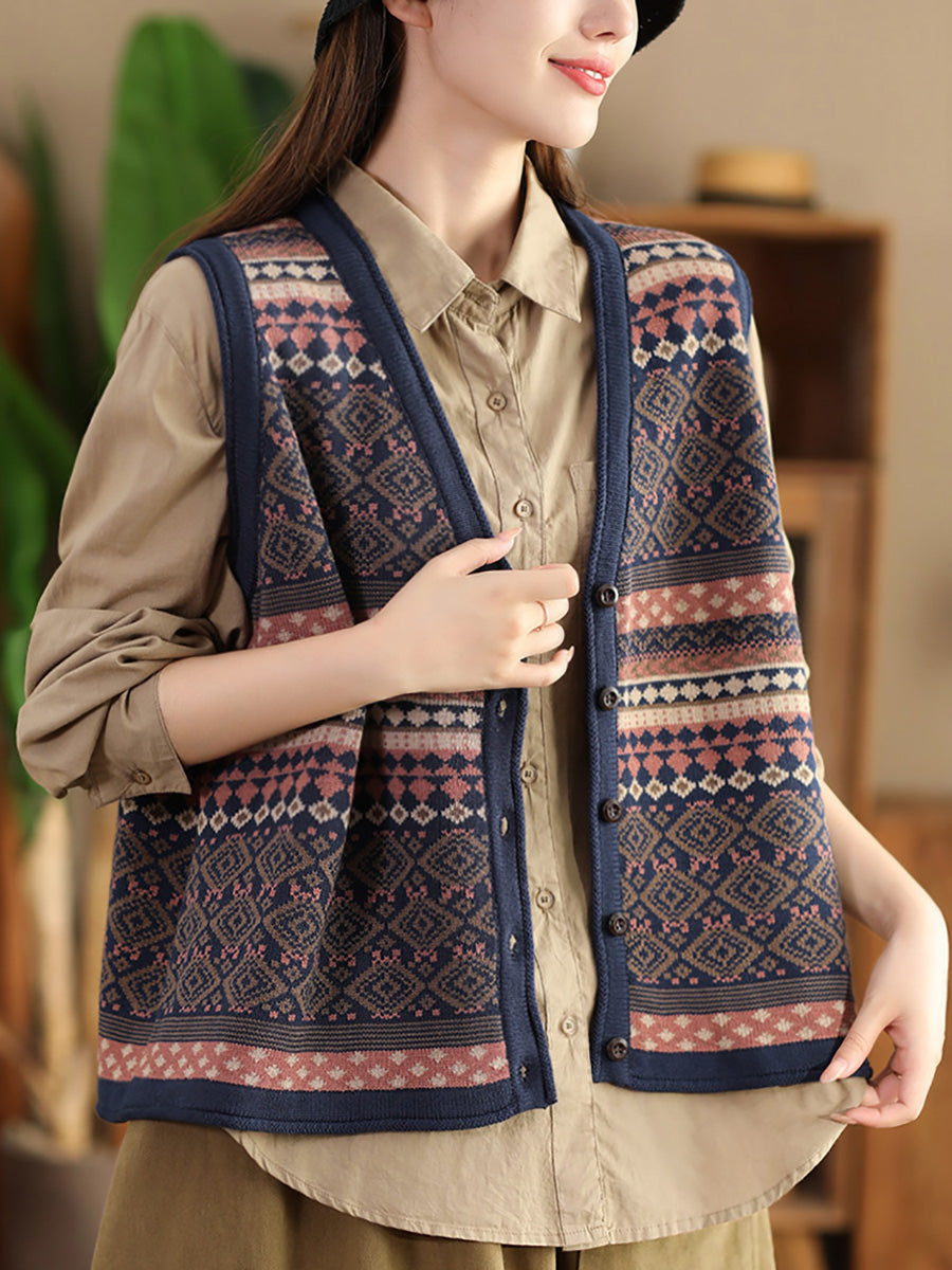 Women Ethnic Stripe V-Neck Cotton Vest