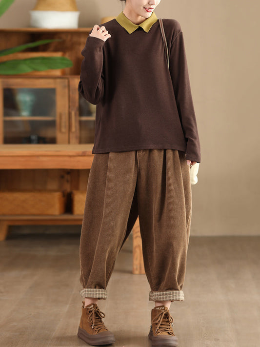 Women Autumn Vintage Solid Corduroy Harem Pants