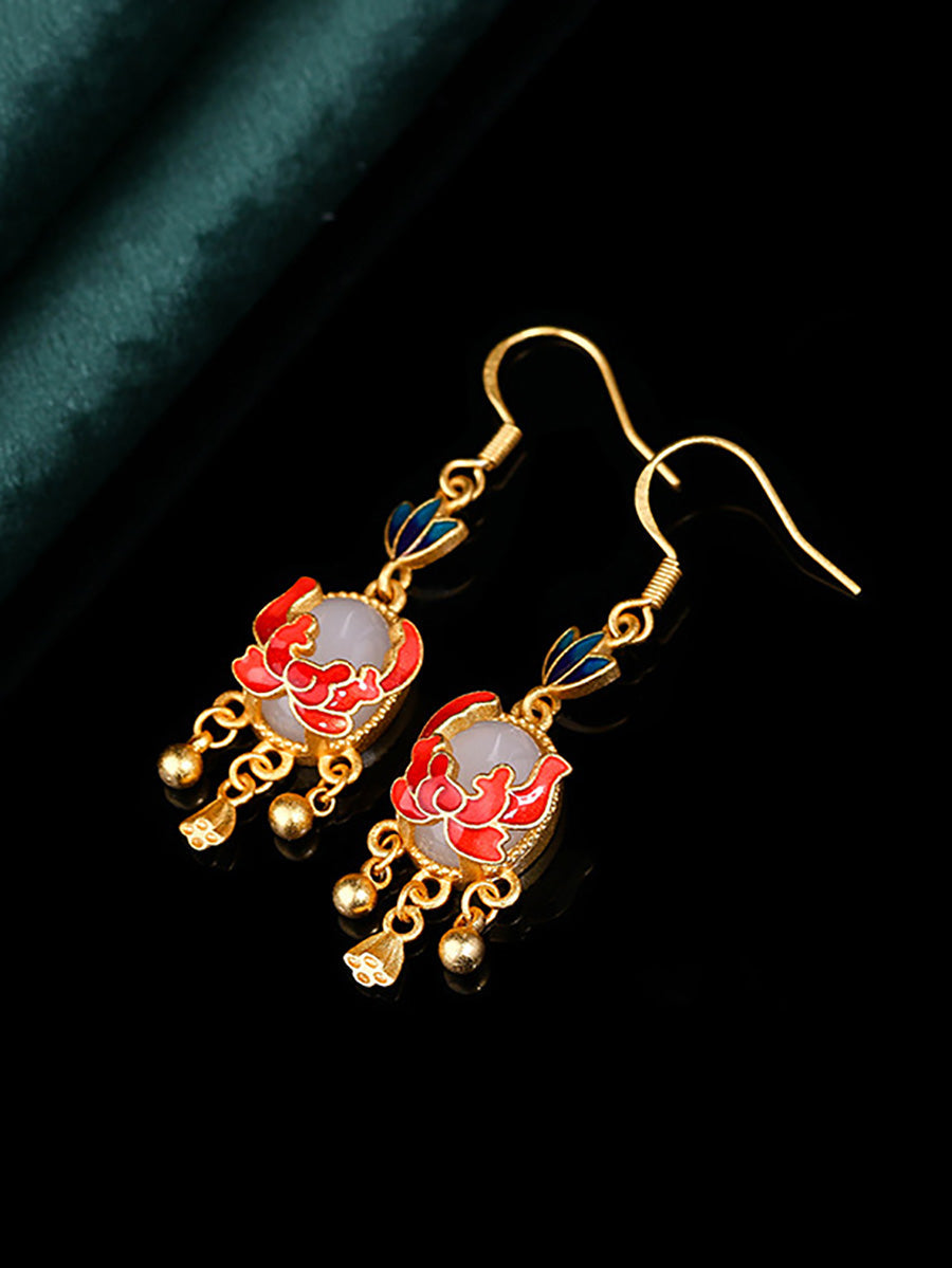 Women Ethnic Jade Cloisonne Enamel Earrings