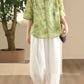 Women Summer Artsy Flower V-Neck Thin Ramie Shirt