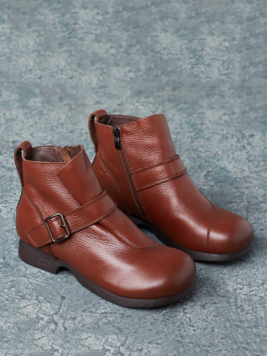 Women Vintage Autumn Soft Leather Buckle Low Heel Boots