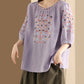 Women Summer Vintage Embroidery O-Neck Ramie Shirt