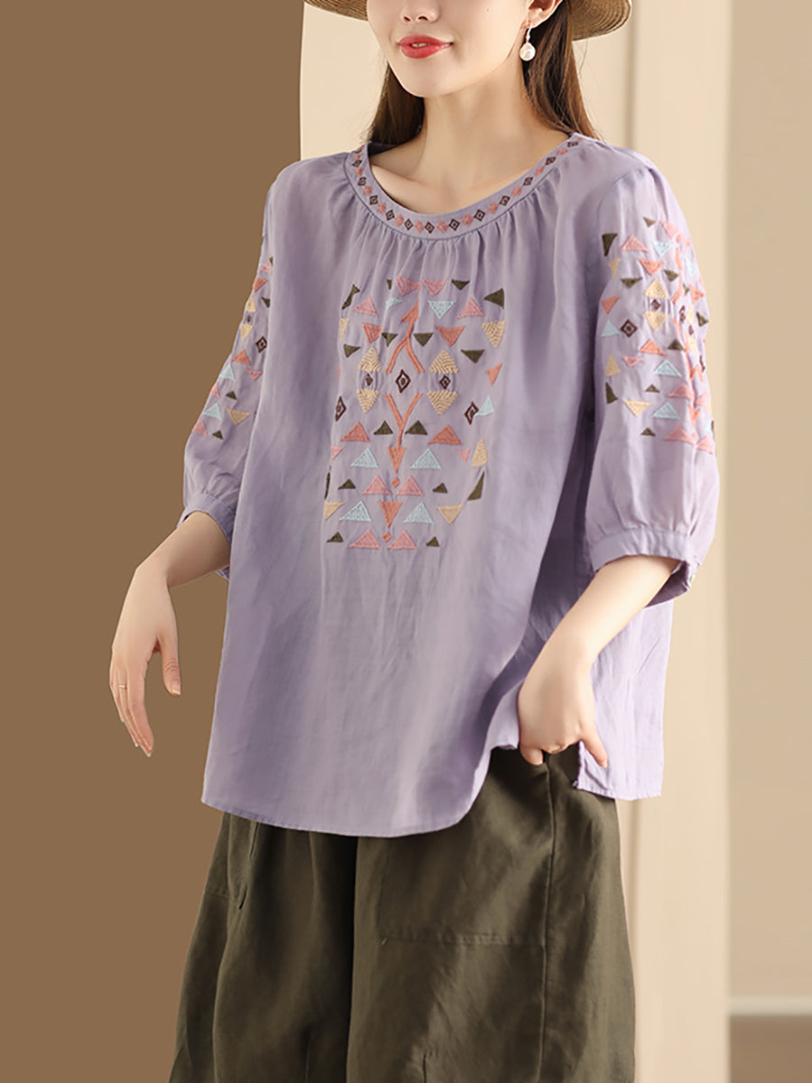 Women Summer Vintage Embroidery O-Neck Ramie Shirt