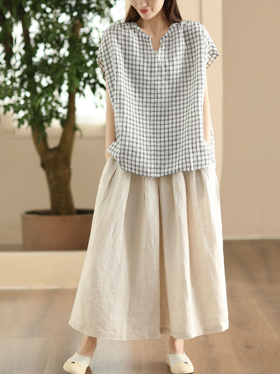 Women Summer Vintage Plaid V-Neck Loose Linen Shirt