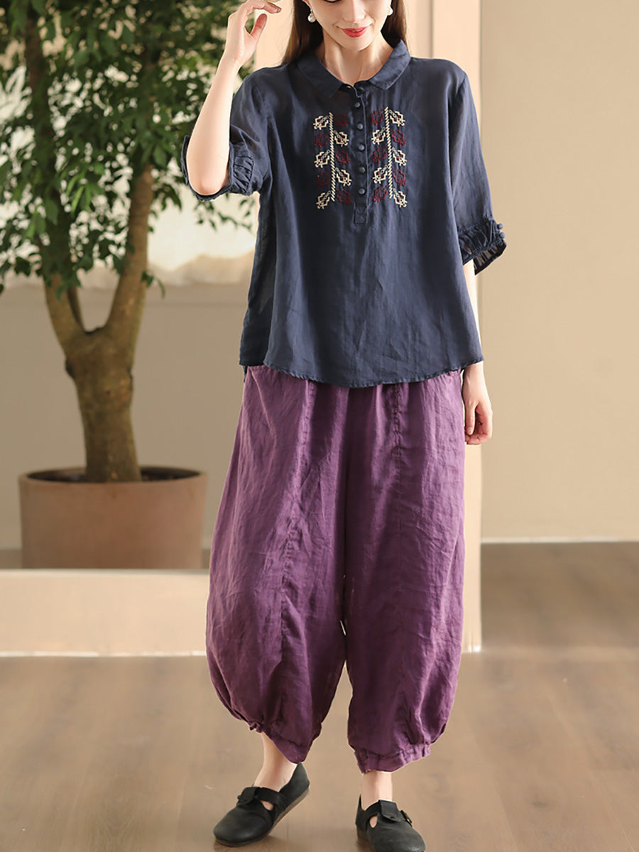 Women Summer Vintage Embroidery Turn-down Collar Ramie Shirt