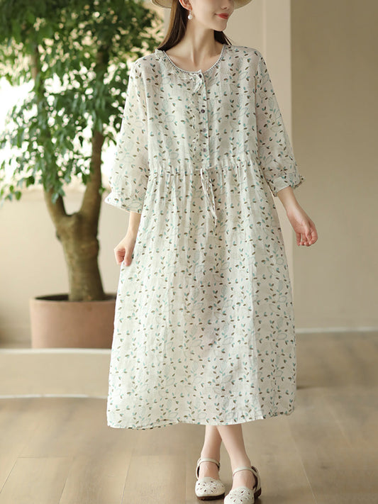 Women Summer Artsy Floral O-Neck Strap Ramie Dress