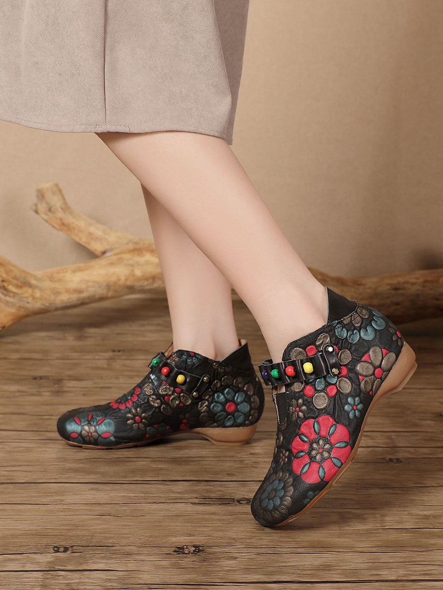 Women Ethnic Flower Embossing Leather Bead Low Heel Shoes