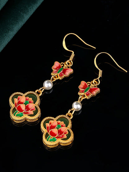 Women Vintage Enamel Flower Butterfly Pearl Earrings