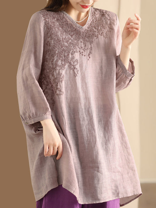 Women Summer Artsy Embroidery Ramie Long Shirt