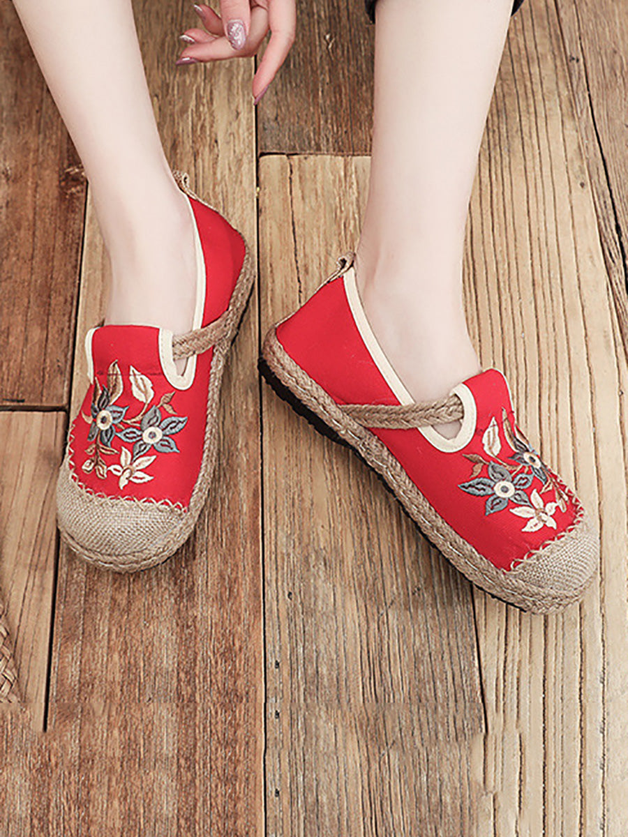 Women Ethnic Flower Embroidery Linen Cotton Flat Shoes