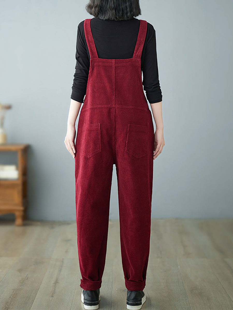 Women Casual Autumn Solid Corduroy Loose Jumpsuits